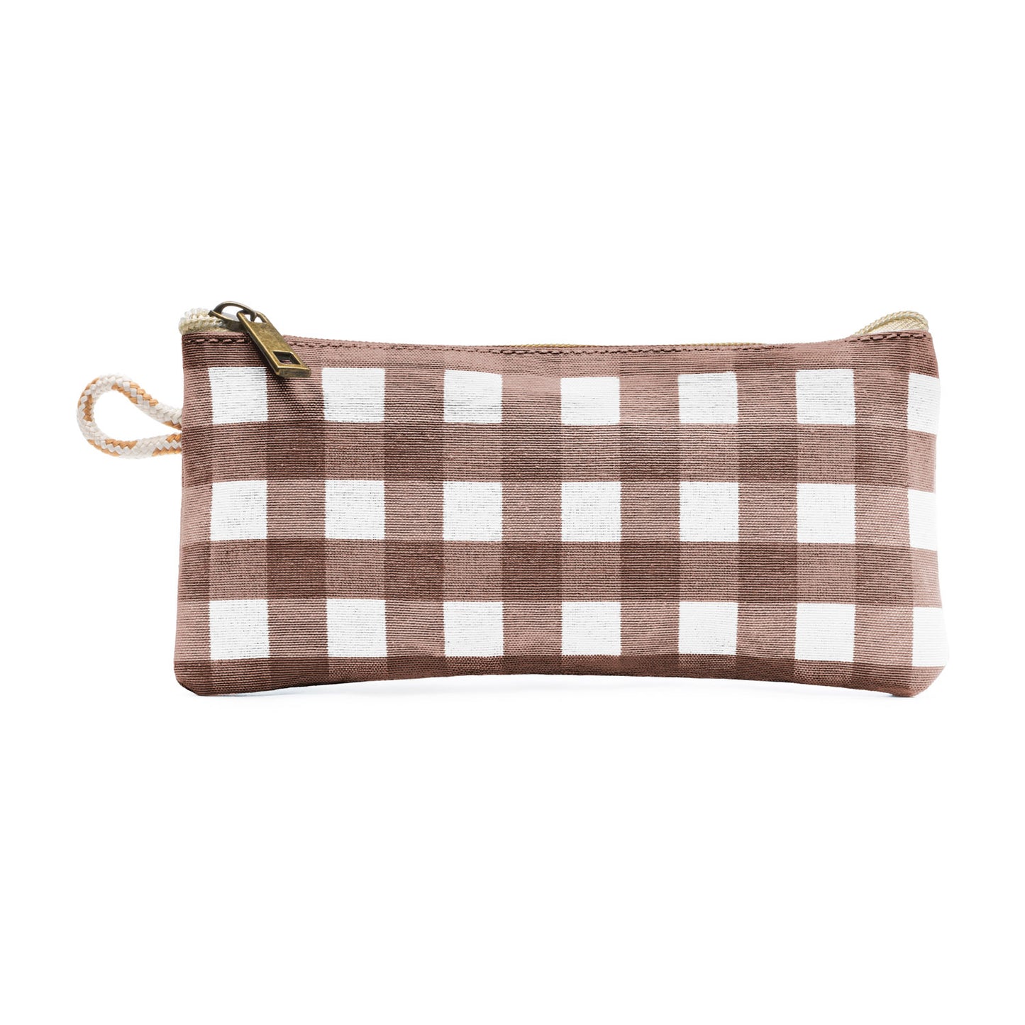 Estuche de cuadros vichy marrón, estilo natural y funcional para el día a día.