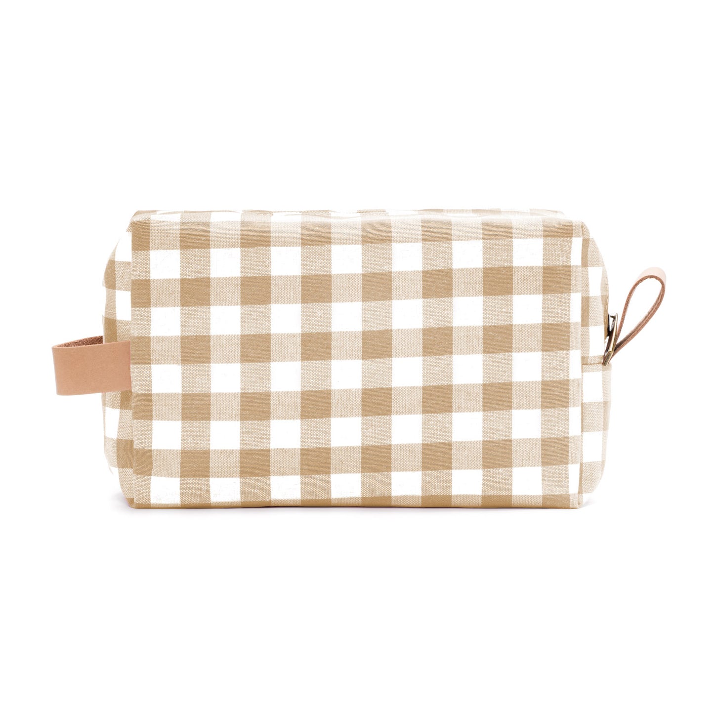 Neceser de tela vichy beige, práctico y elegante para el día a día.