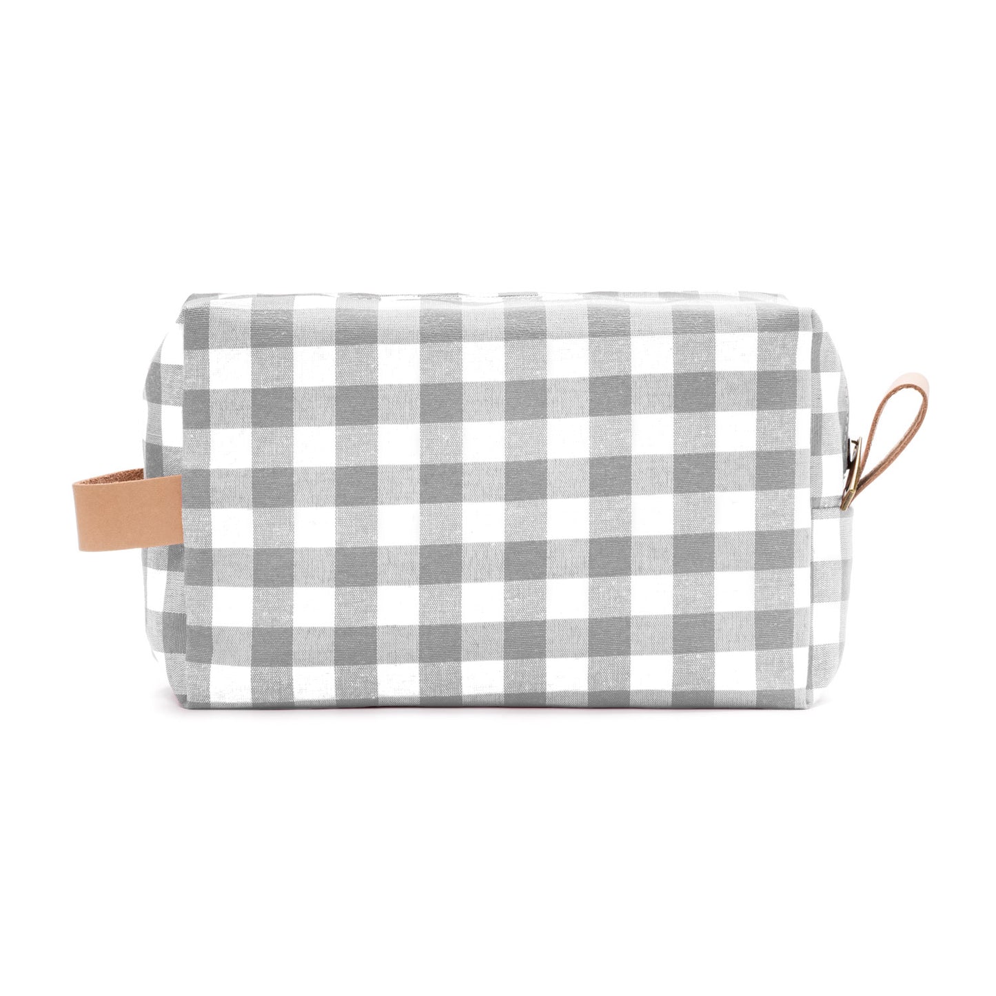 Neceser gris con estampado vichy, sobrio y funcional para cualquier ocasión.