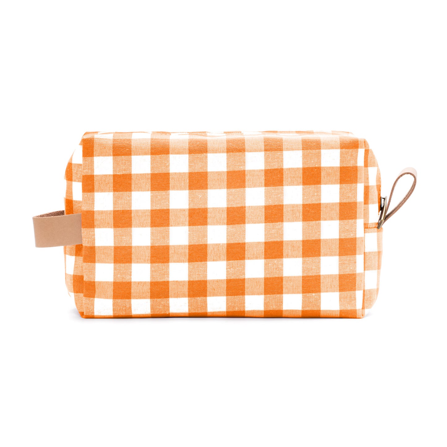 Neceser naranja de cuadros vichy, perfecto para viajes o maquillaje.