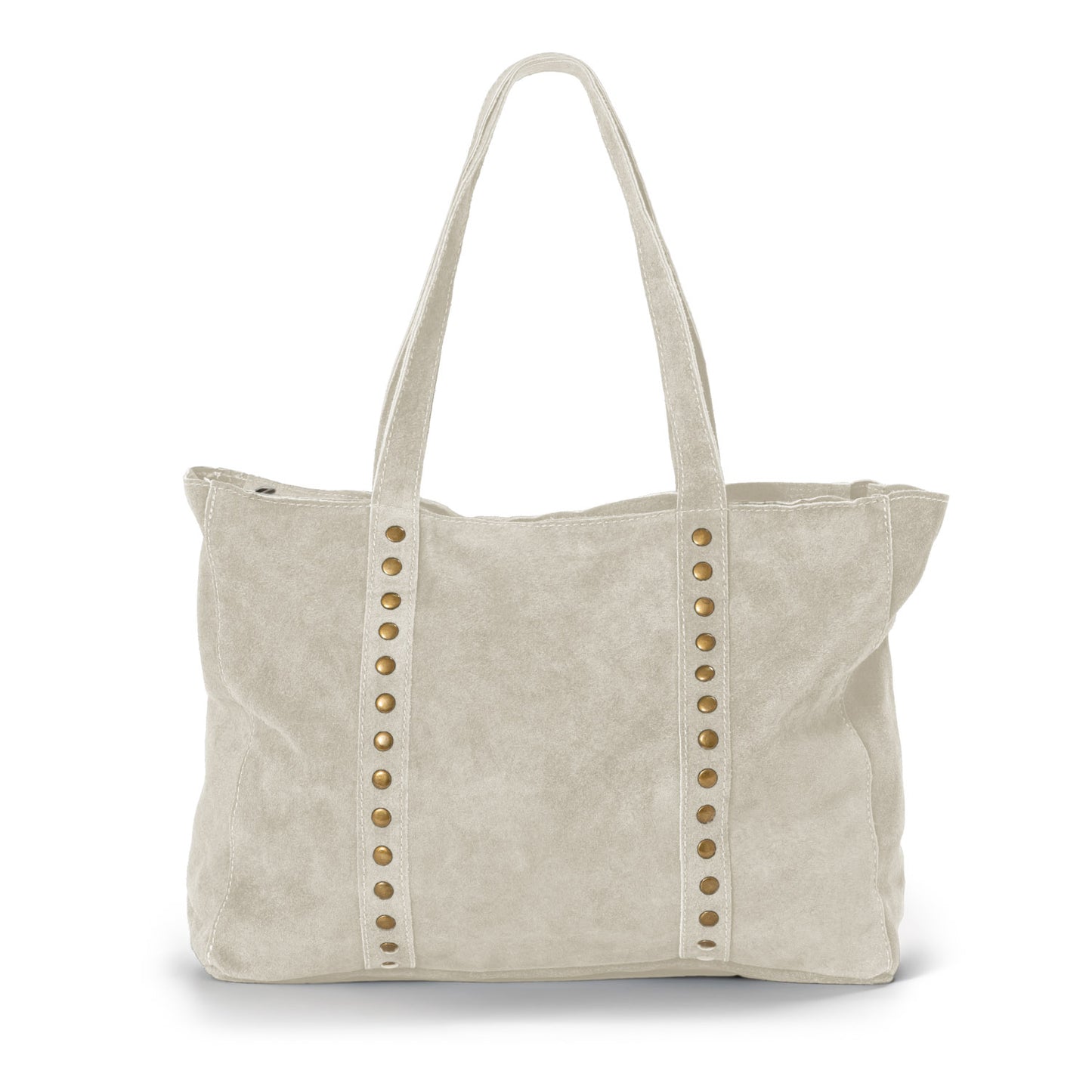 Bolso Manzoni en color beige de Belorias con detalle de tachuelas doradas, ideal para looks neutros y sofisticados.