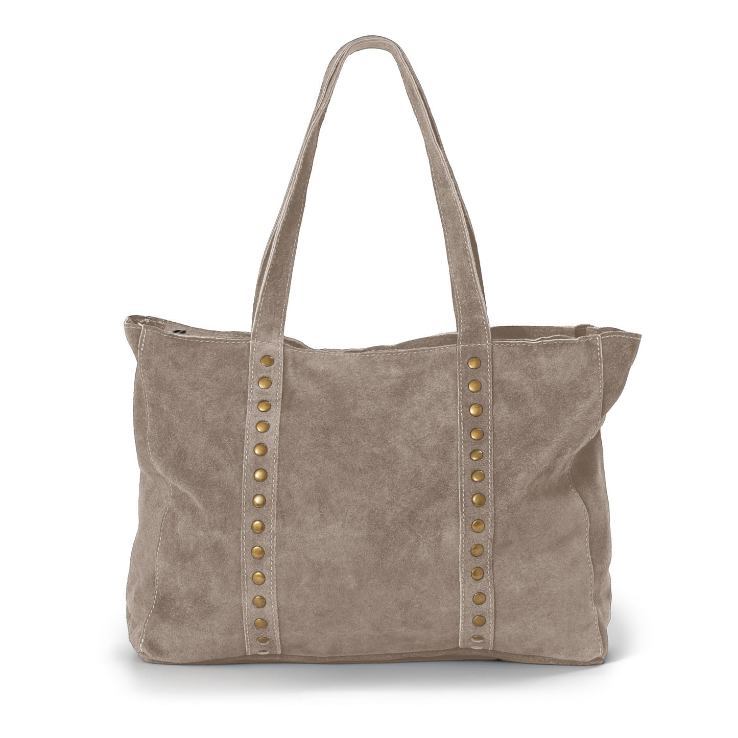 Elegante bolso Manzoni en tono taupe con asas largas y detalles metálicos, diseño versátil para el día a día.