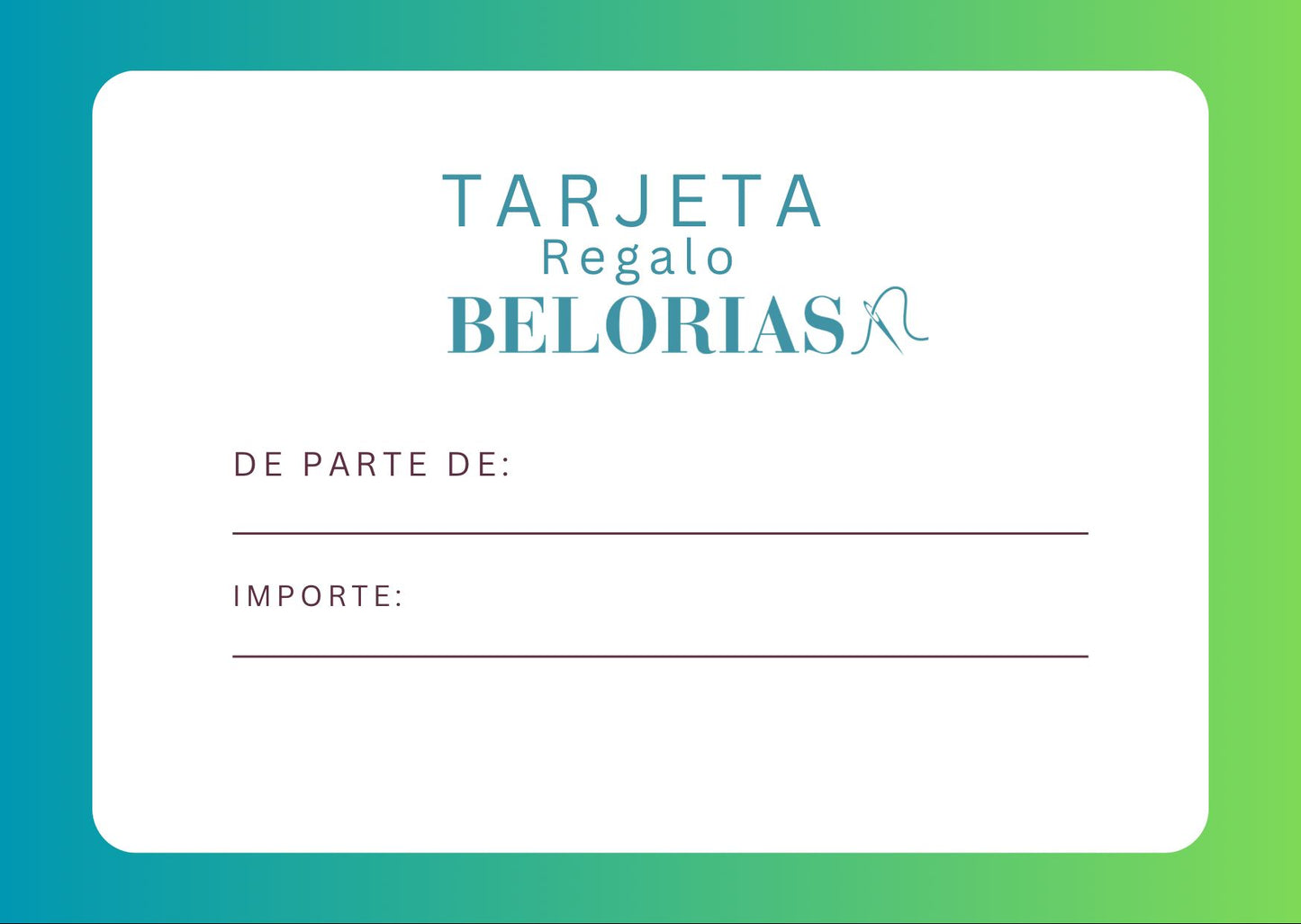 Tarjeta regalo Belorias con opción de mensaje personalizado, perfecta para ocasiones especiales.