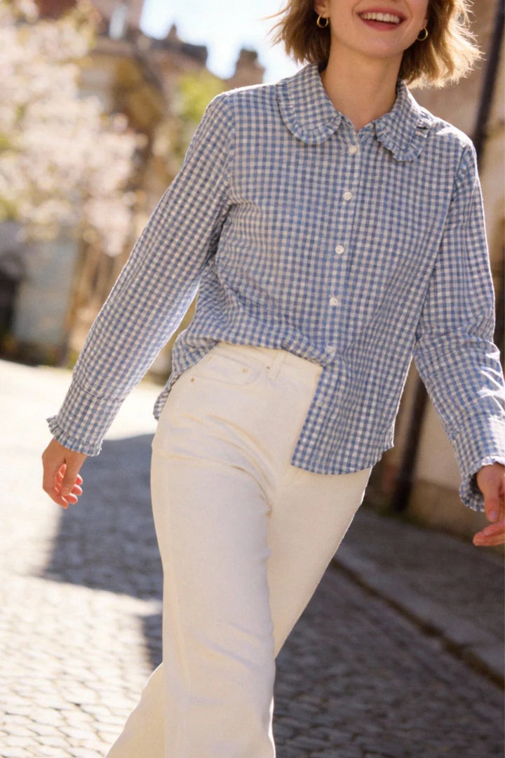 Camisa de algodón para mujer con cuello bobo y botones