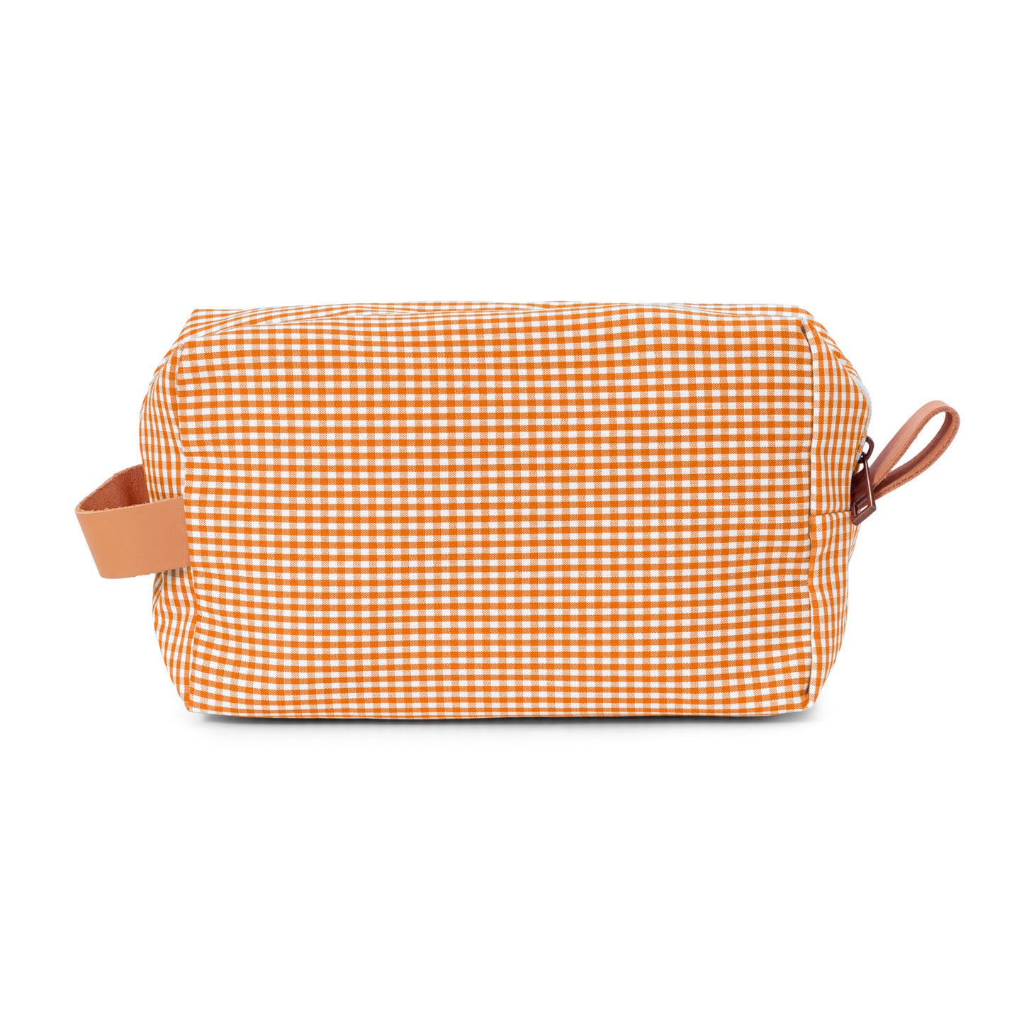 Neceser Piu naranja con diseño vichy, lleno de energía y color.