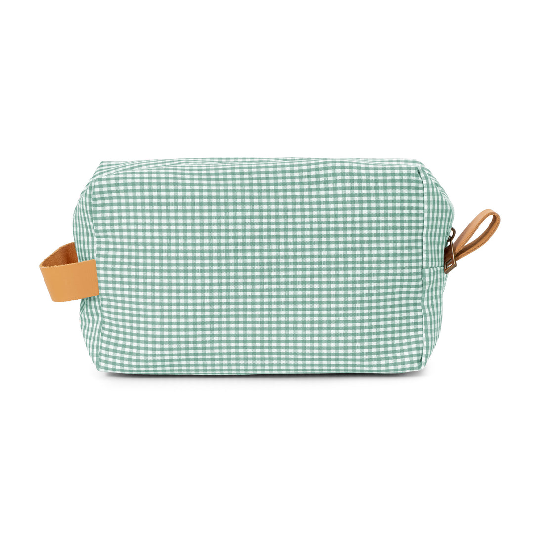 Neceser Piu verde con asa de piel y estampado clásico vichy.
