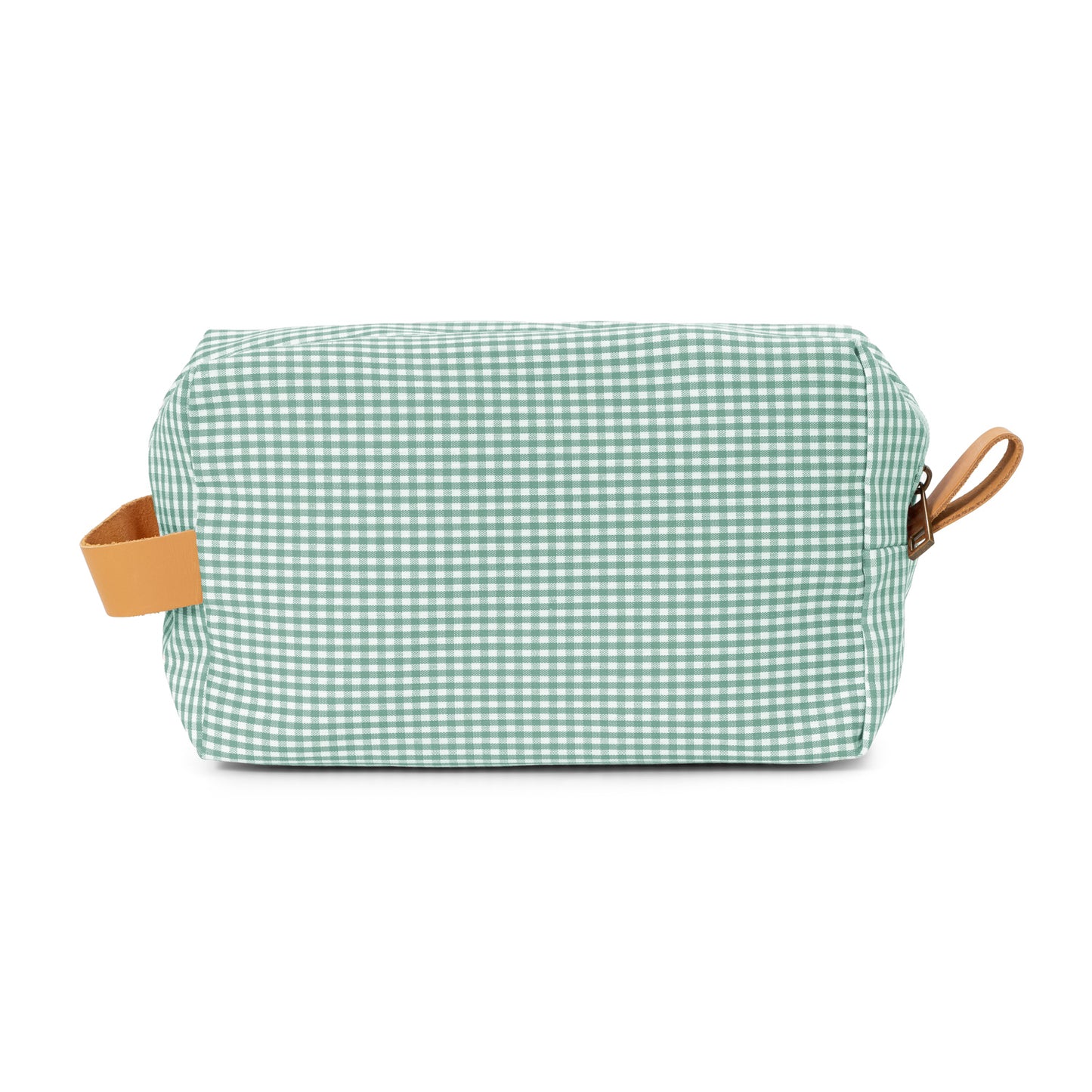 Neceser Piu verde con asa de piel y estampado clásico vichy.