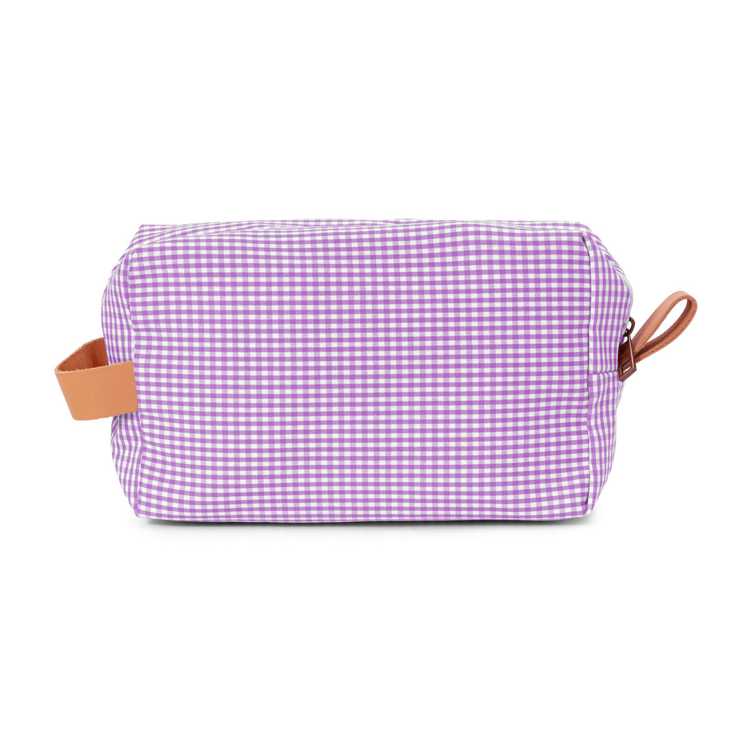 Neceser Piu de tela vichy violeta, ideal para llevar en el bolso o de viaje.