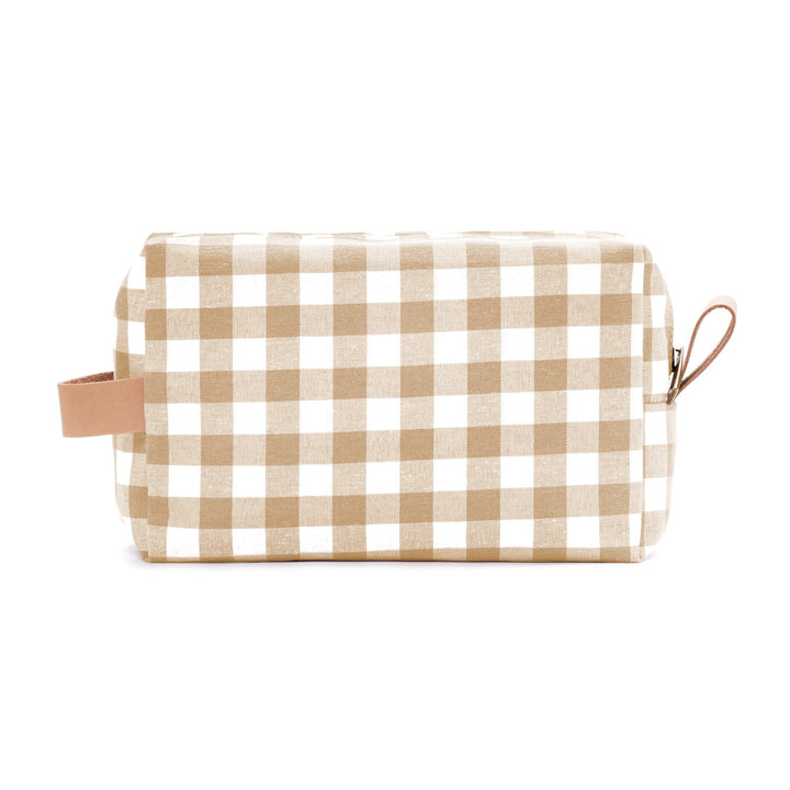 Neceser de tela vichy beige, práctico y elegante para el día a día.