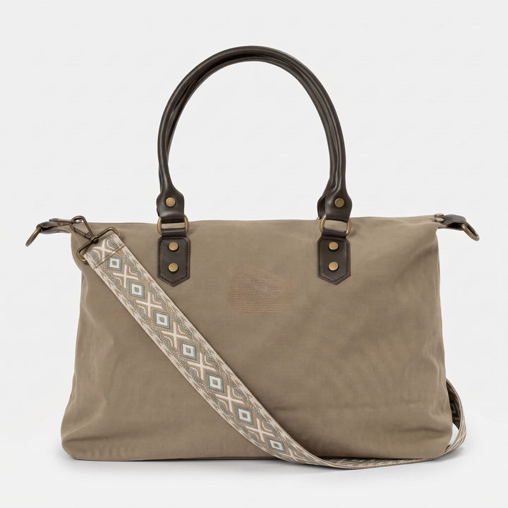 Bolso Leonardo Taupe con Bordado Beige y Correa Etnica Taupe - Belorias
