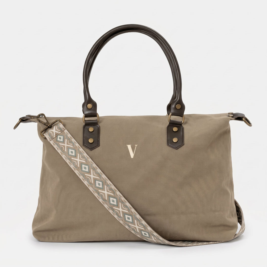 Bolso Leonardo Taupe con Bordado Beige y Correa Etnica Taupe - Belorias