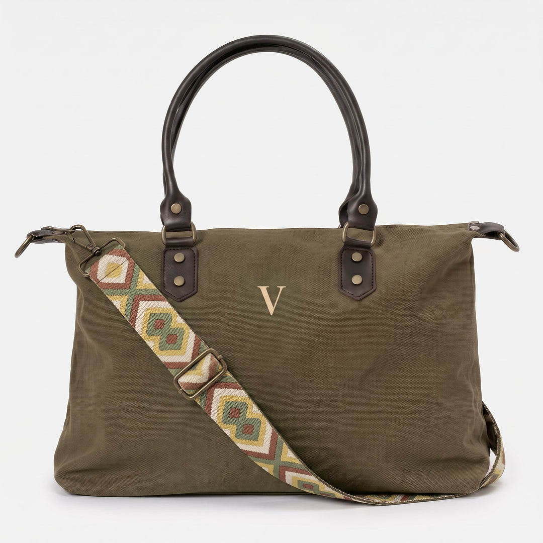 Bolso Leonardo Verde con Bordado Beige y Correa Tricolor - Belorias