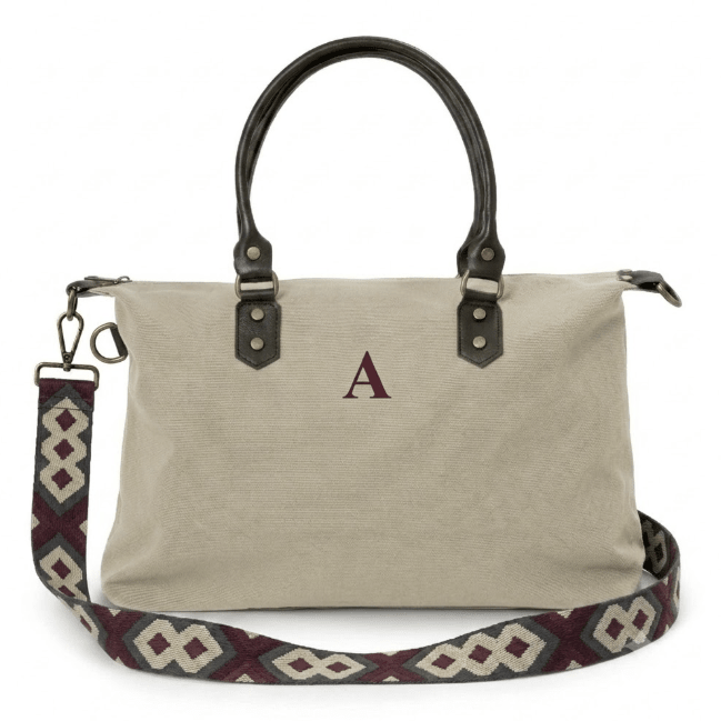 Bolso Personalizado Canvas y Piel Leonardo Crema Bordado Incluido - Belorias