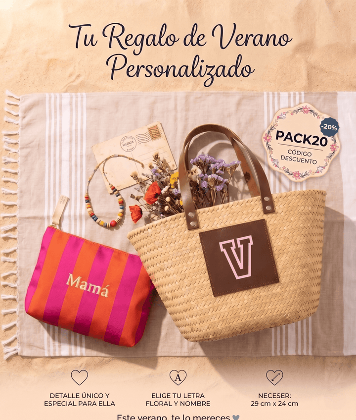 Pack Capazo Personalizado con Inicial Varsity + Neceser Verano (BORDADO INCLUIDO) - Belorias