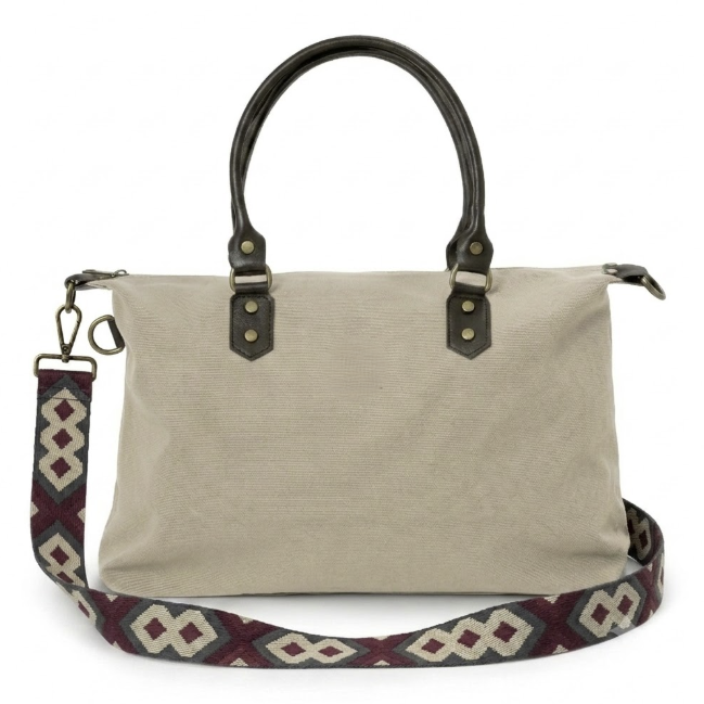 Bolso Personalizado Canvas y Piel Leonardo Crema Correa y Bordado Incluido