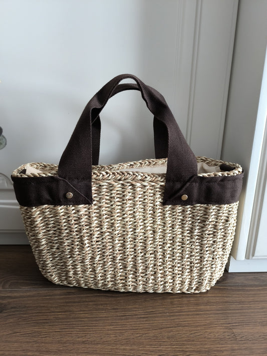 Capazo Mérida de paja con asas marrones – vista frontal, bolso de moda Belorias