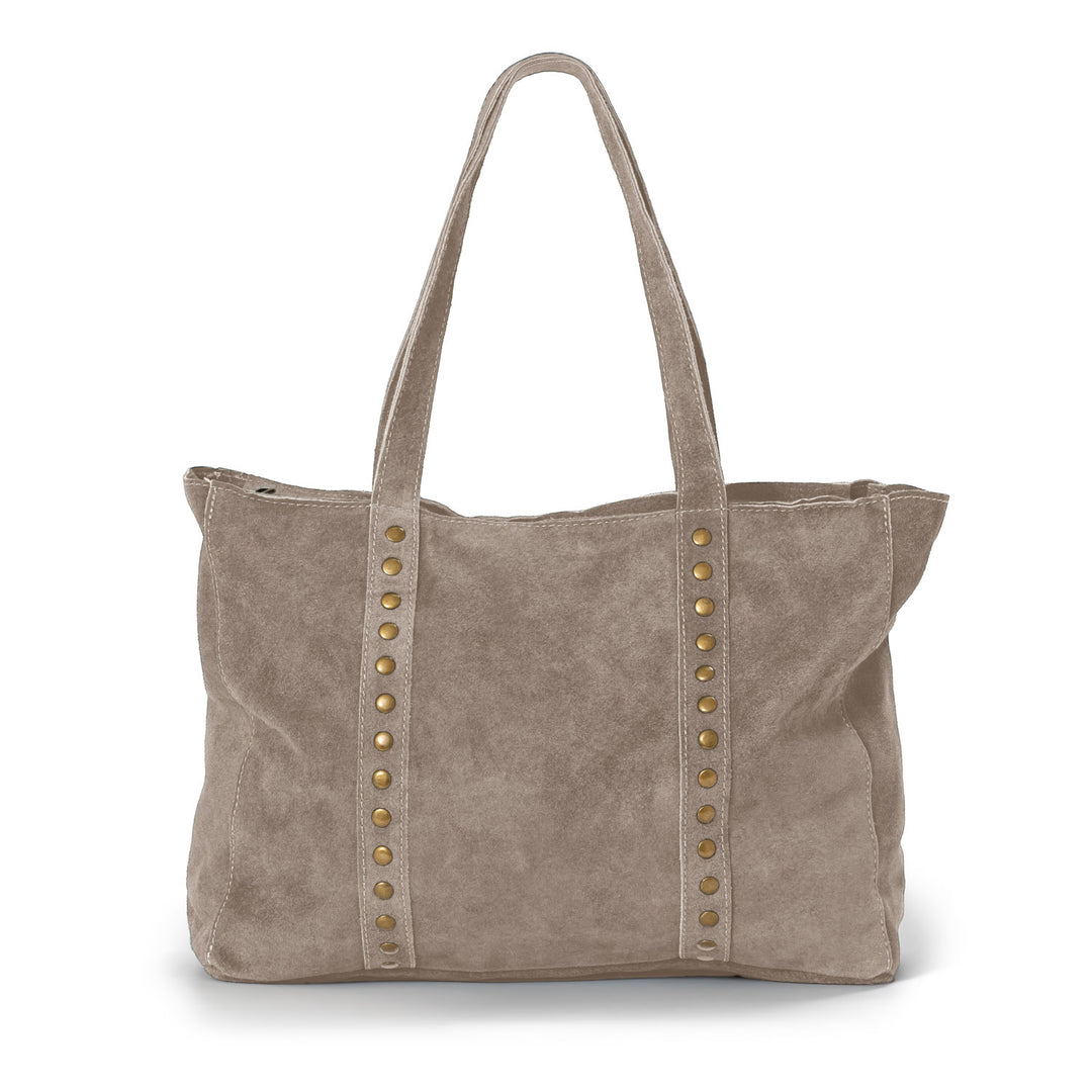 Elegante bolso Manzoni en tono taupe con asas largas y detalles metálicos, diseño versátil para el día a día.

