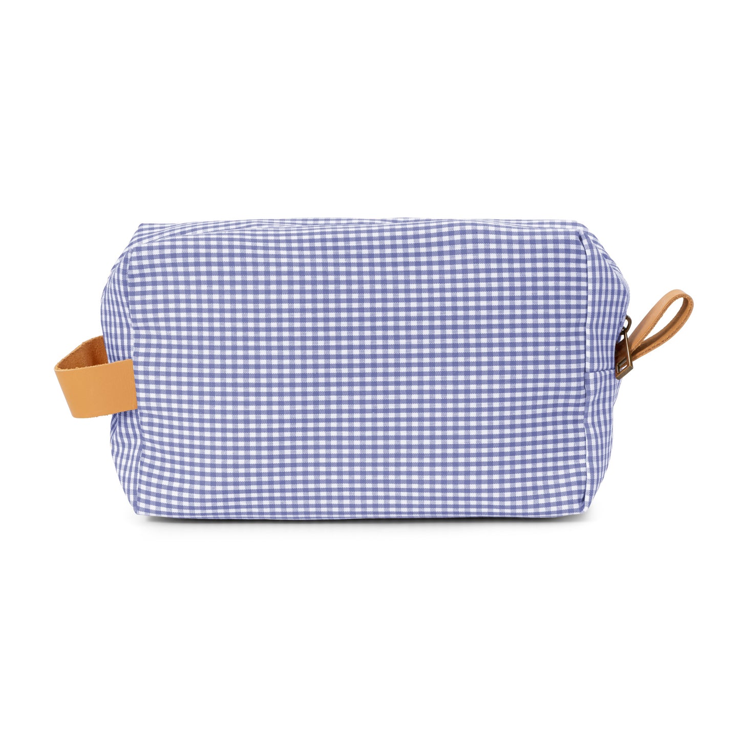 Neceser Piu con estampado vichy azul claro y asa de piel natural.

