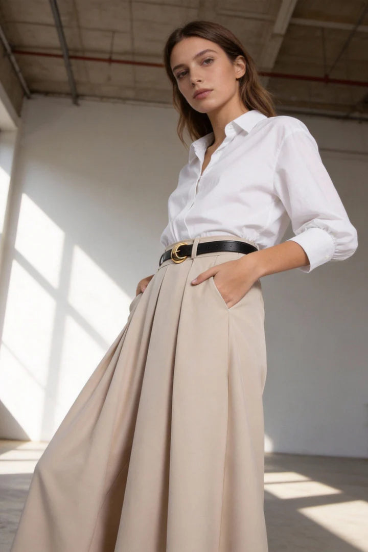 Pantalón ancho elegante para mujer de largo midi combinado con camisa blanca