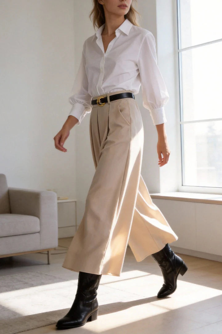 Pantalón palazzo beige de tiro alto para mujer con diseño ancho y bolsillos laterales