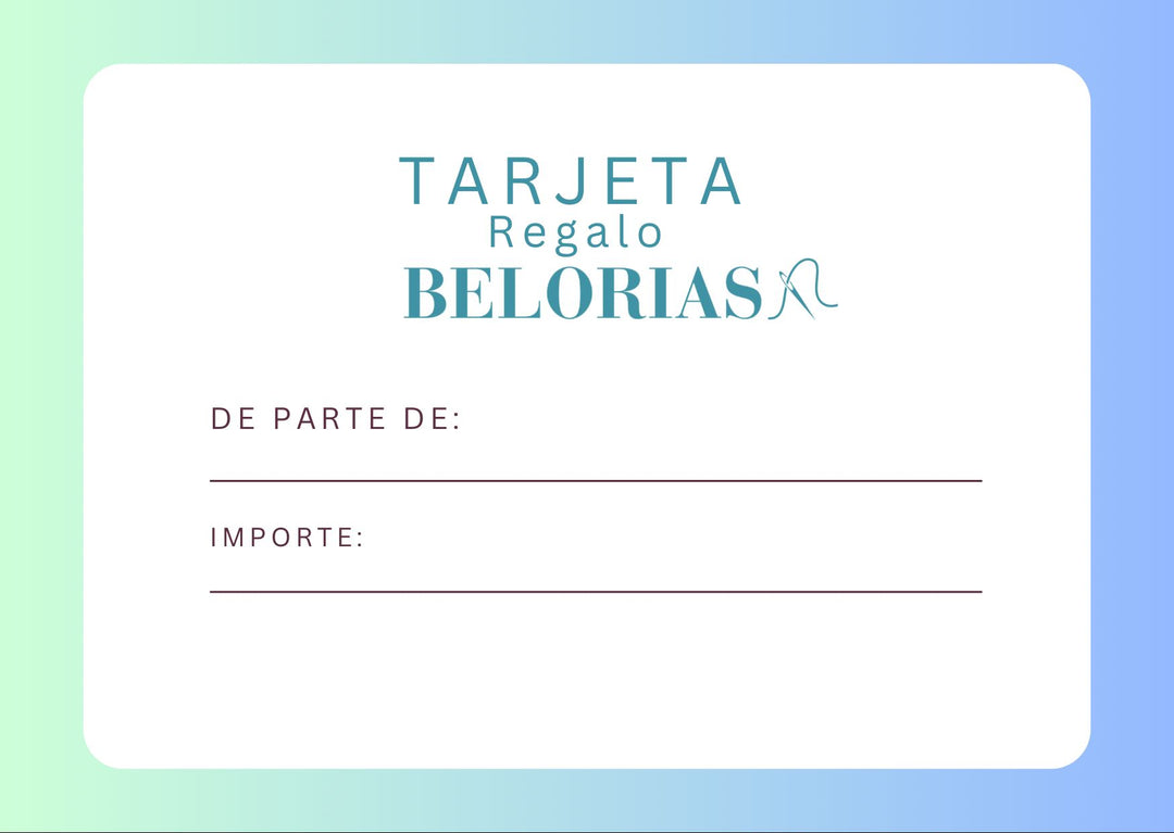 Tarjeta regalo Belorias con opción de mensaje personalizado, perfecta para ocasiones especiales.
