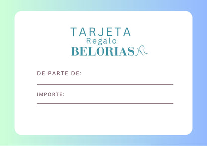 Tarjeta regalo Belorias con opción de mensaje personalizado, perfecta para ocasiones especiales.
