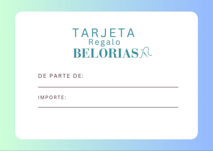 Tarjeta regalo Belorias con opción de mensaje personalizado, perfecta para ocasiones especiales.