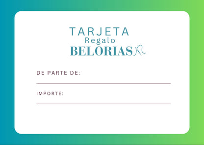 Tarjeta regalo Belorias con opción de mensaje personalizado, perfecta para ocasiones especiales.

